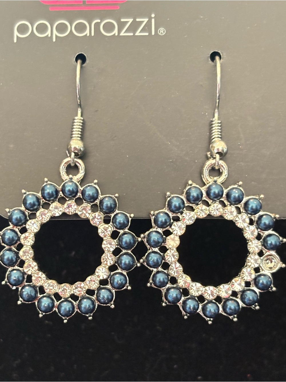 paparazzi Navy and Silver Crystal Halo Drop Earrings